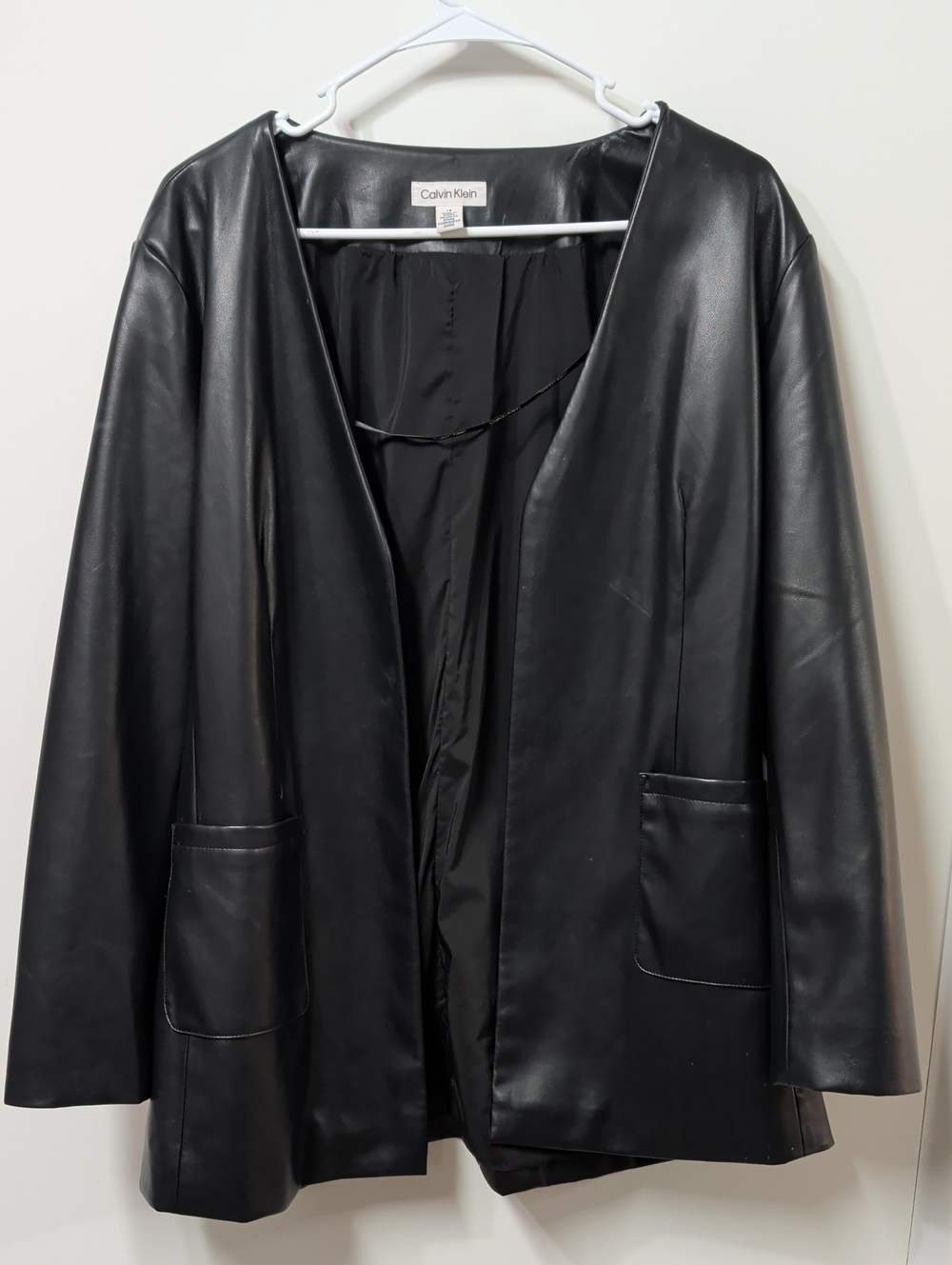Calvin Klein Black Faux Leather Open Front Longline Blazer Jacket